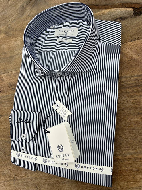 Men's Black Pin Striped Slim Fit Longsleeve Formal Shirt Close up Fireqasi