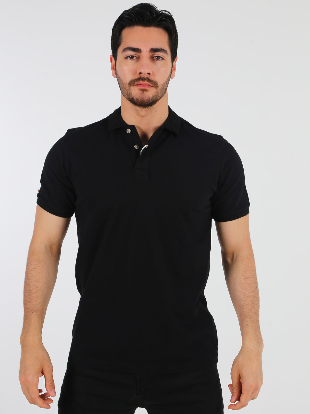 Men's Black Plain Ribbed Collar Polo Tshirt Side Second Front View fireqasi
