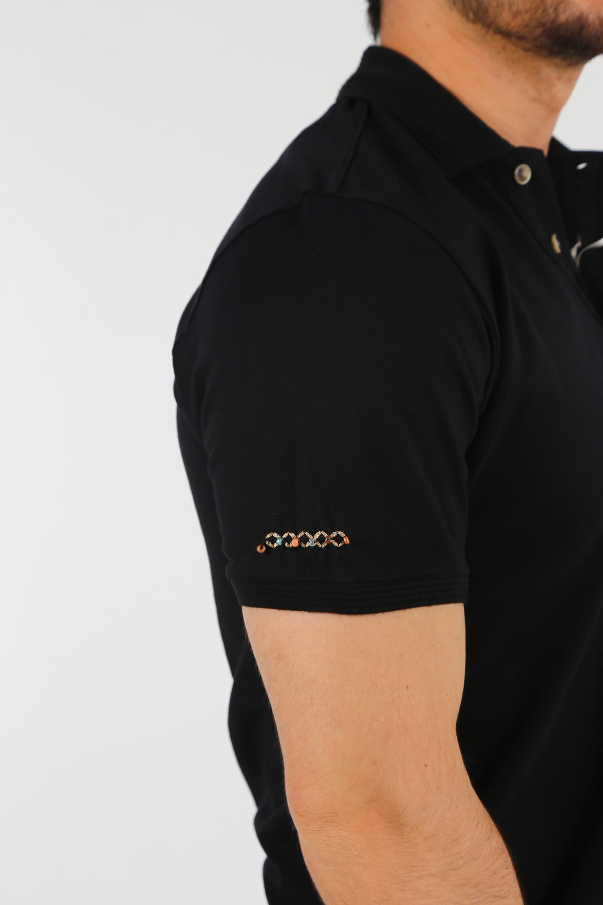 Men's Black Plain Ribbed Collar Polo Tshirt Side View Beads Detail