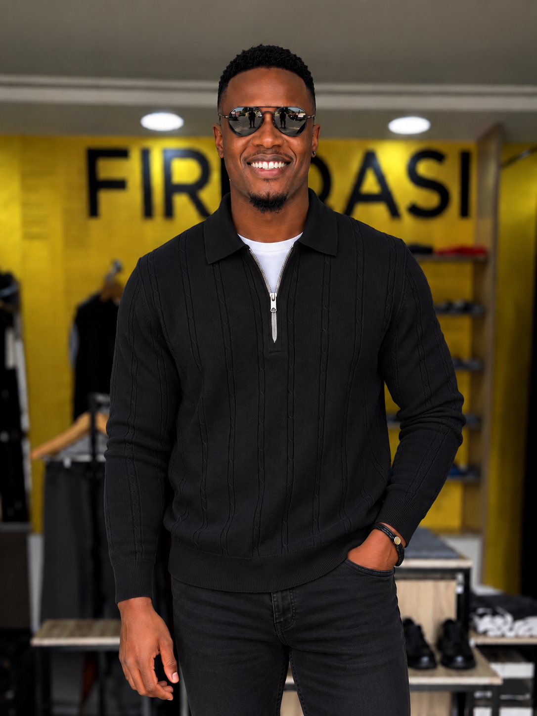 Men's Black Polo Collar Quarter Zip Sweater Fireqasi