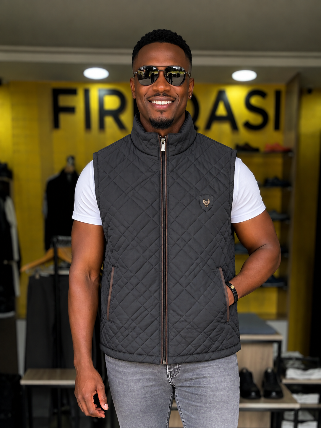  Men's Black Quilted Half Jacket (Brown Detail) with closed zip from fireqasi