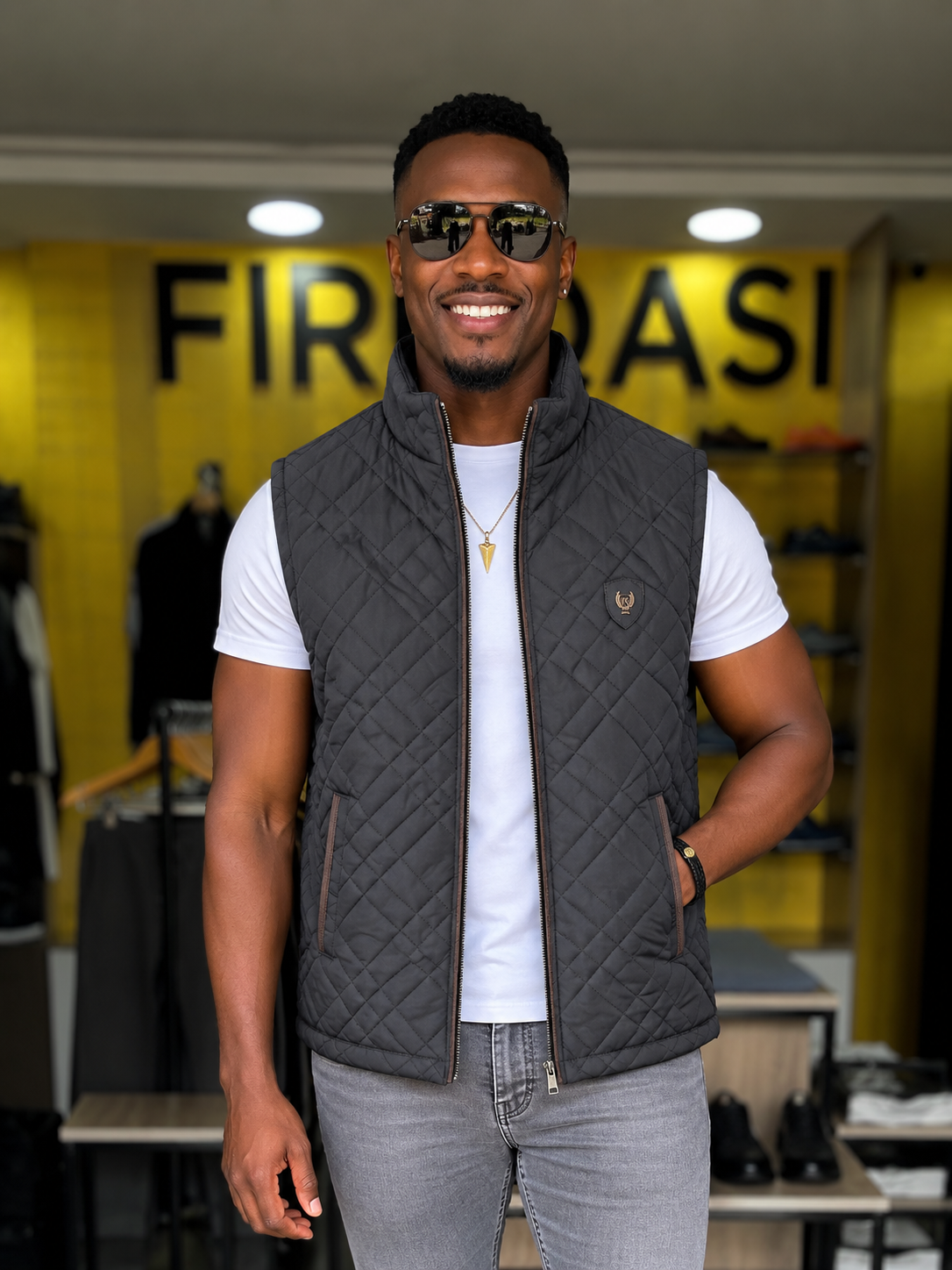  Men's Black Quilted Half Jacket (Brown Detail) with open zip from fireqasi