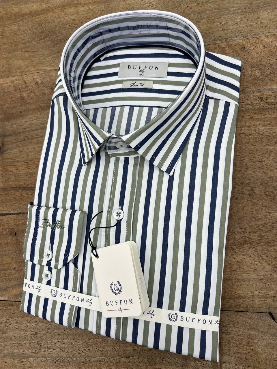 Men's Blue Green Striped Slim Fit Longsleeve Formal Shirt Close Up Fireqasi