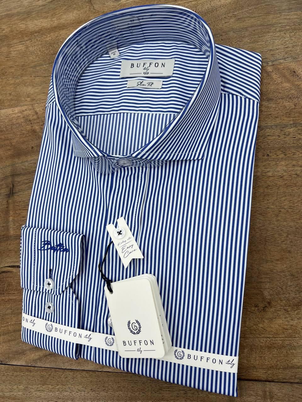 Men's Blue Pin Striped Slim Fit Longsleeve Formal Shirt Close Up Fireqasi