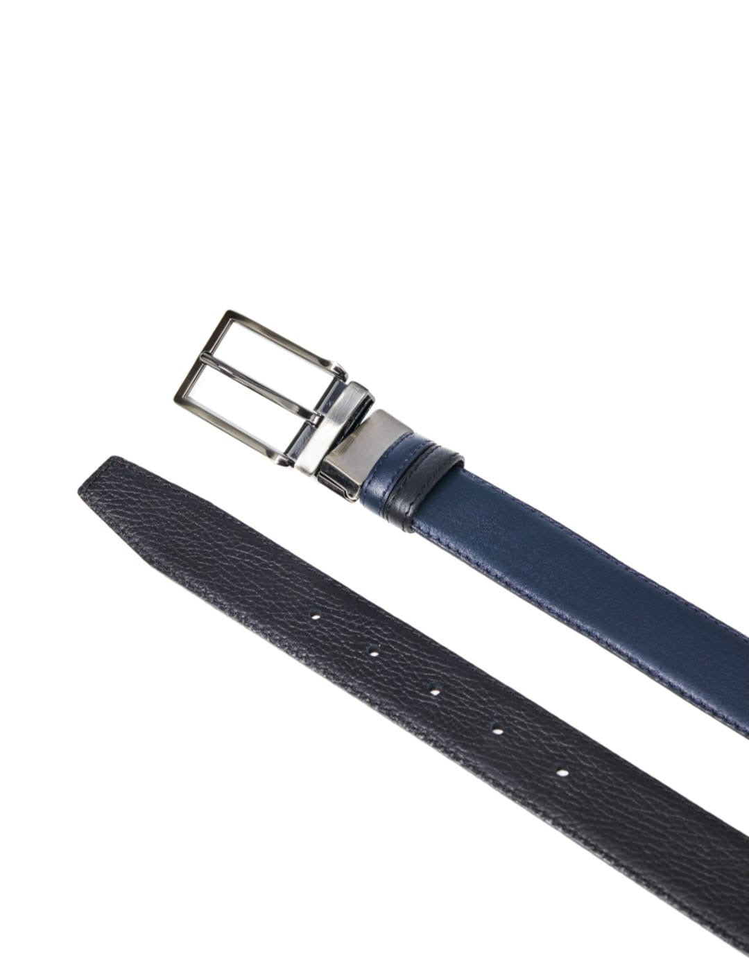 Men's Blue and Black Reversible Leather Belt Upclose Buckle Detail 
