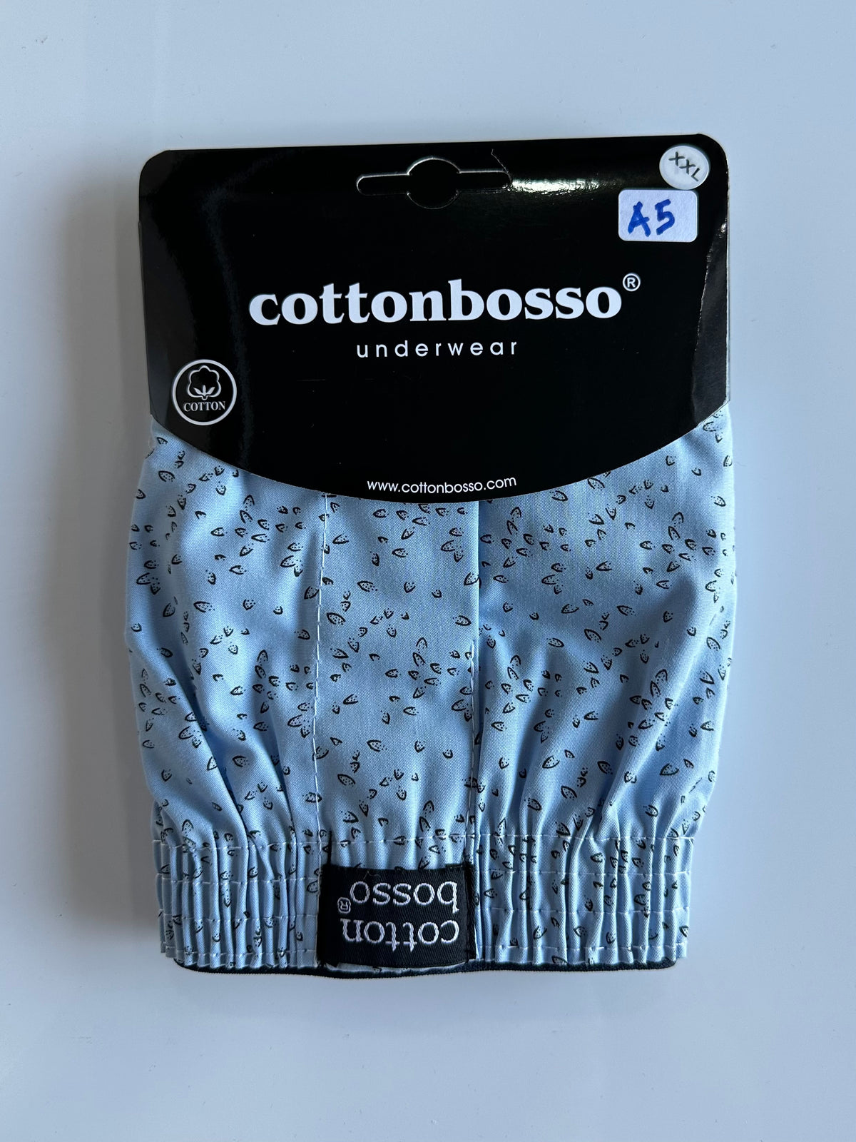 Men’s Boxer Shorts (Size 2XL- Waist Size 38)- Code A5 light blue with pattern