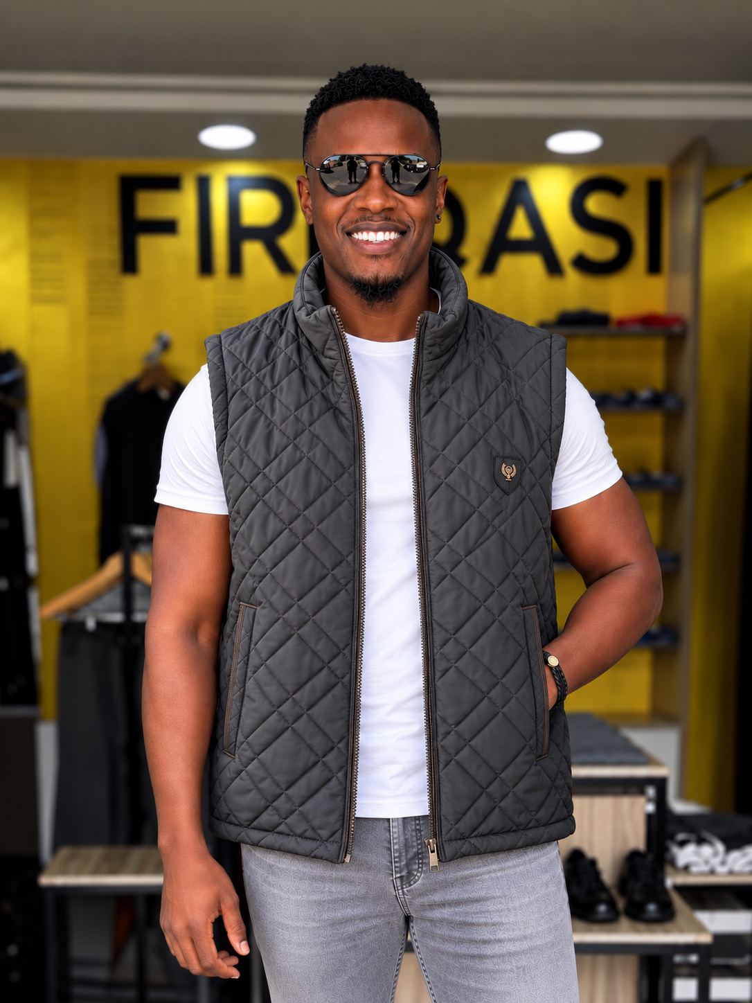  Men's Brown Quilted Half Jacket (Brown Detail) with open zip from fireqasi