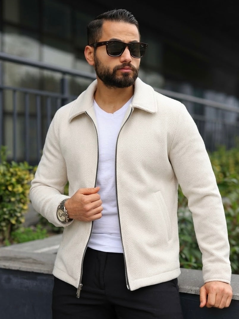 Men's Cream Plain Detailed Collar Jacket from fireqasi