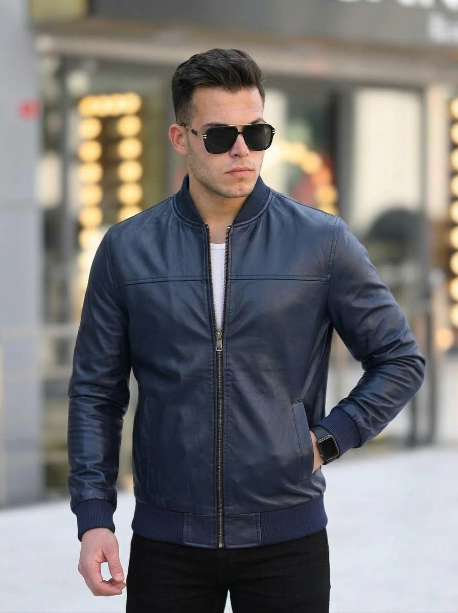 Men's Dark Blue Faux Leather Bomber Jacket from fireqasi