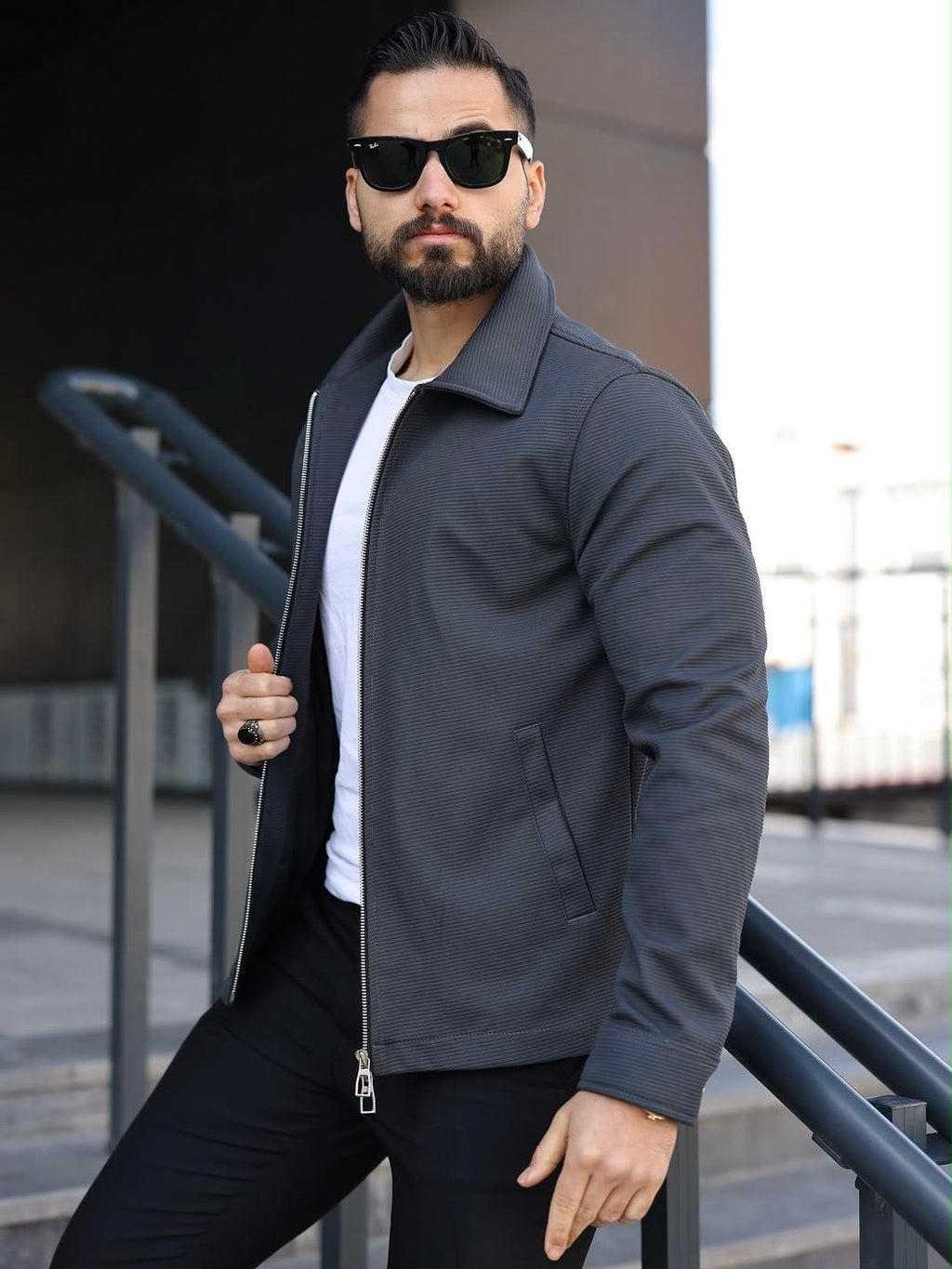 Men’s Dark Grey Plain Detailed Collar Jacket Side View Open