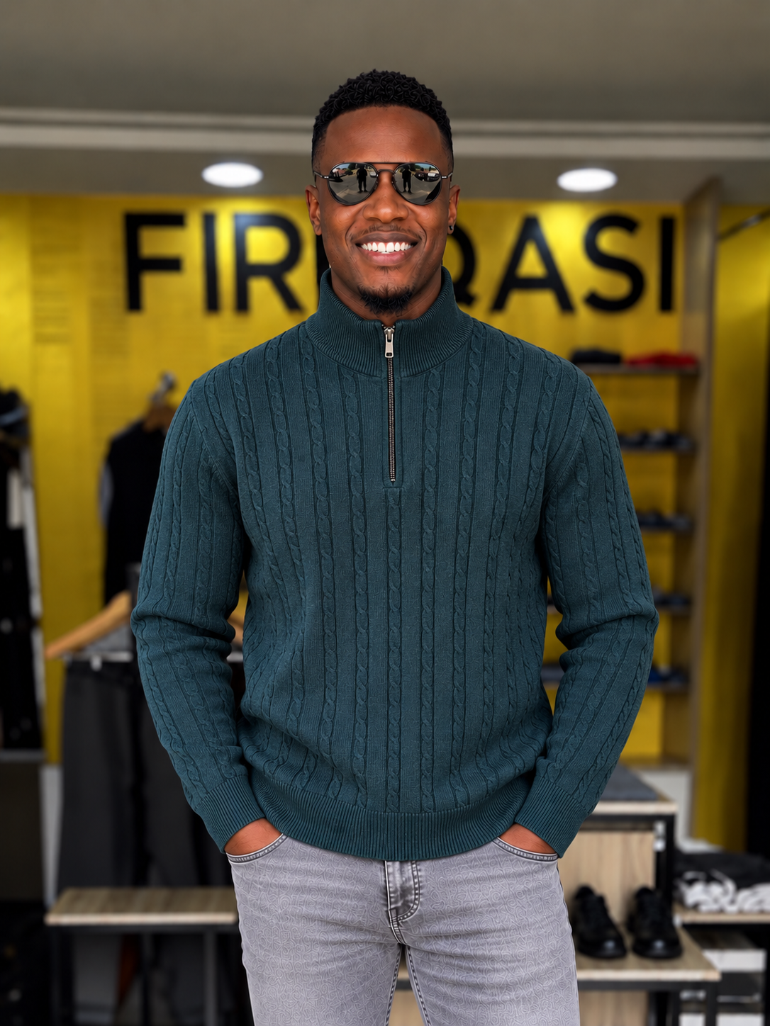 Men's  Green Cable Knit Quarter Zip Sweater Closed Zip Fireqasi