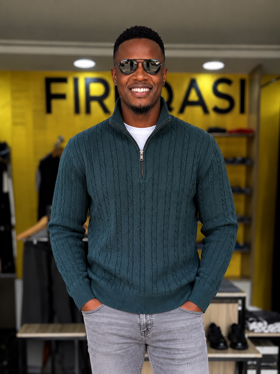 Men's  Green Cable Knit Quarter Zip Sweater Open Zip Fireqasi