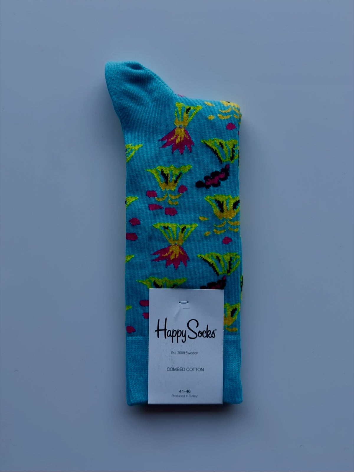 Men's Happy Sock Combed Cotton From Fireqasi Blue sock with colorful butterfly pattern 