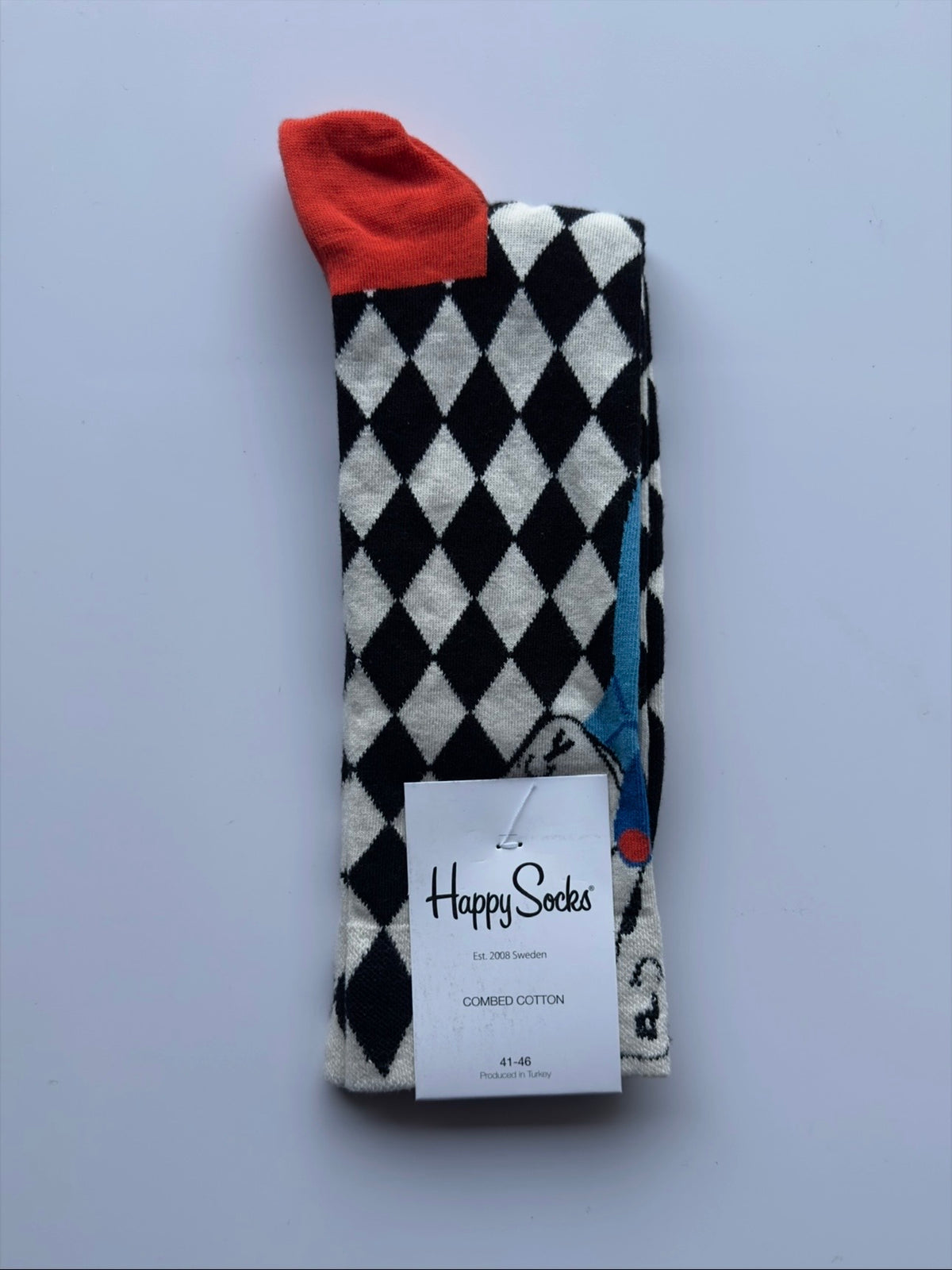 Men's Happy Sock Combed Cotton From Fireqasi with Harlequin-patterned sock with red cuff 