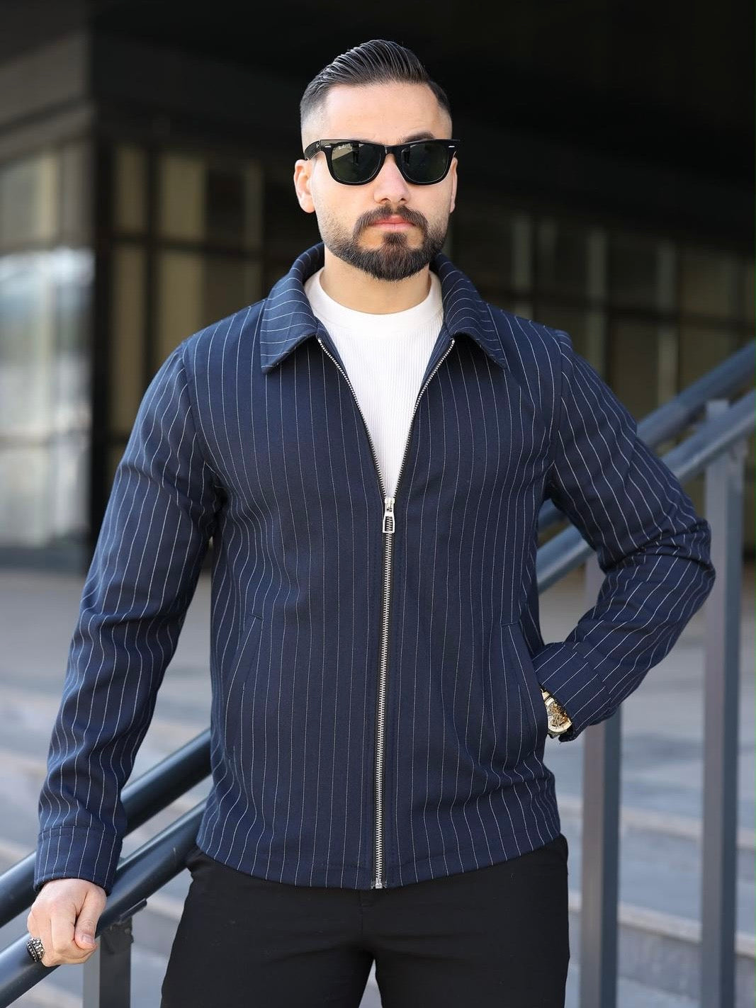 Men's Navy Blue Pin Striped Collar Jacket from fireqasi