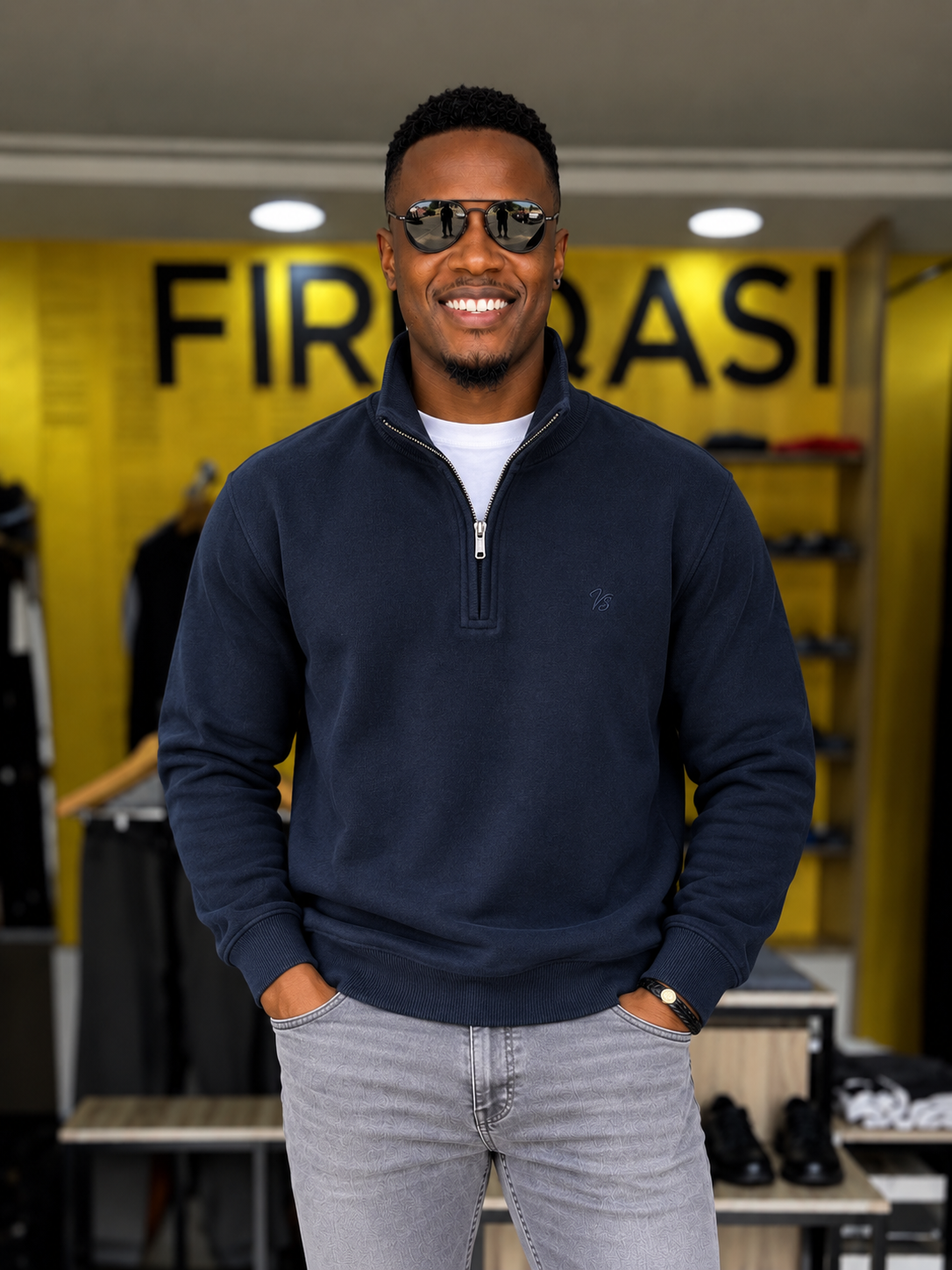 Men's Navy Blue Plain Quarter Zip Sweater Fireqasi