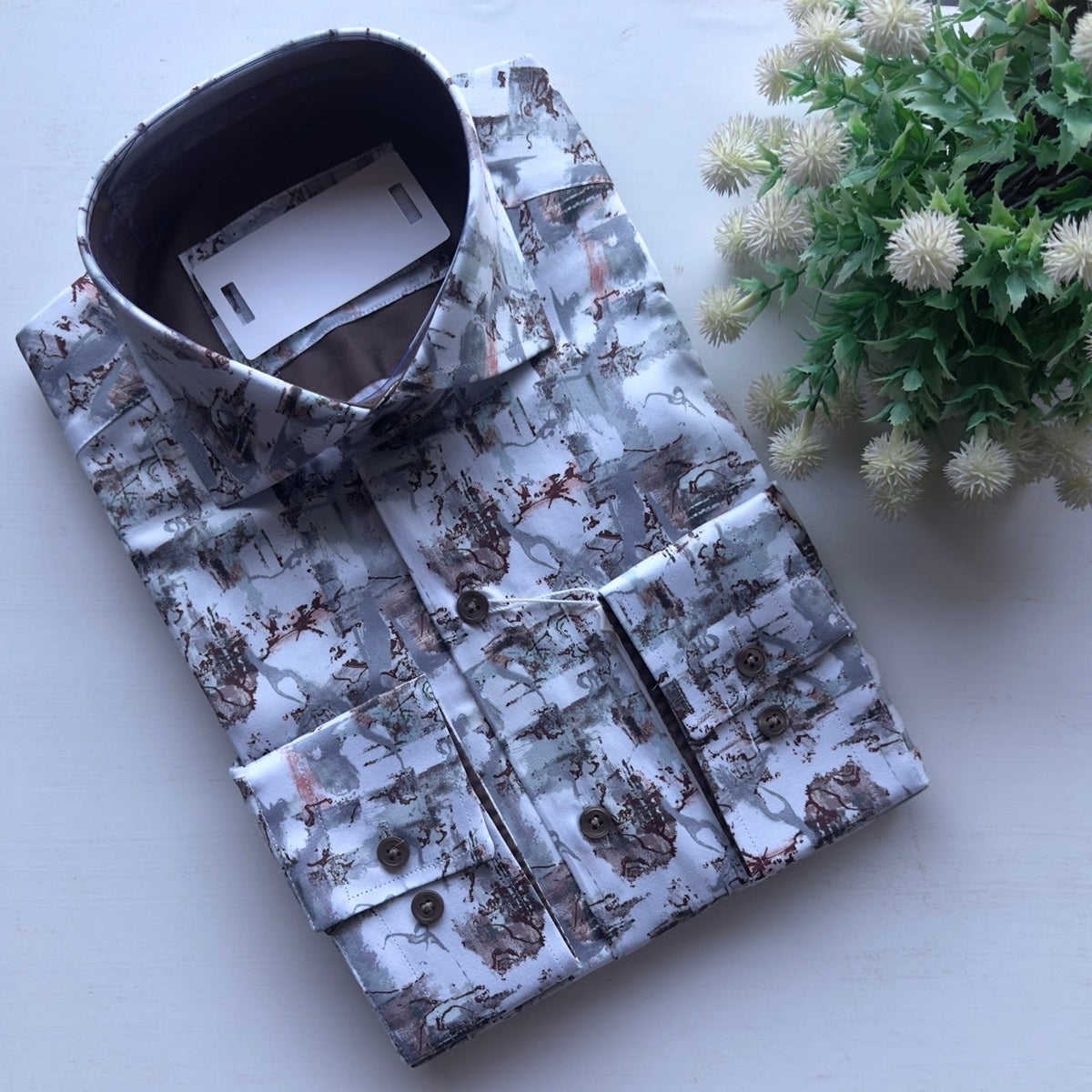 Men's Peach Grey Abstract Casual Longsleeve Shirt Close Up Fireqasi