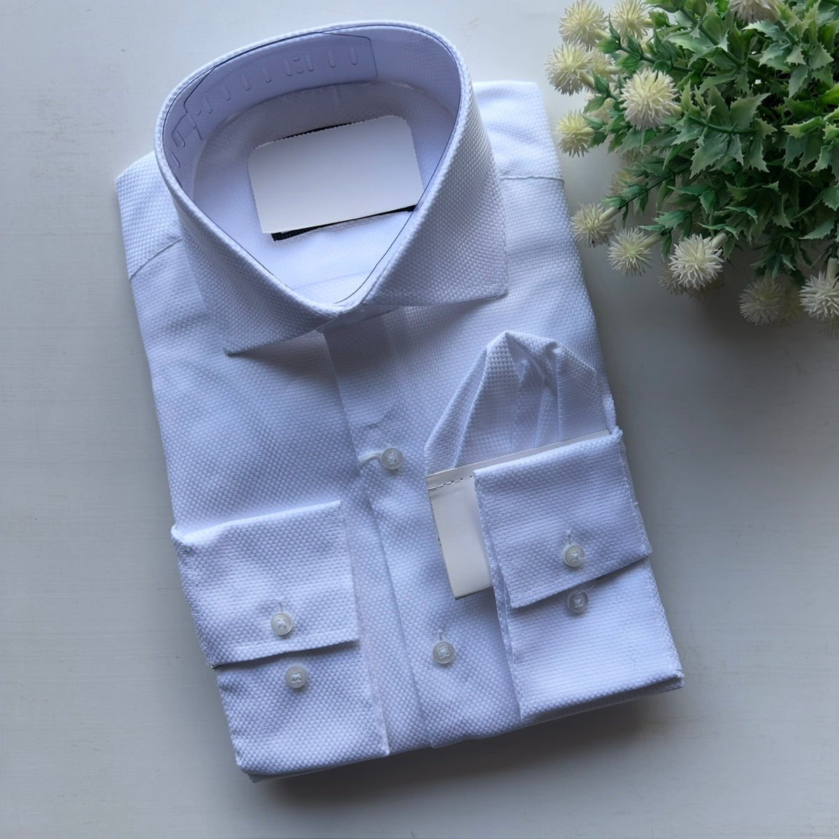 Men's White Plain Detailed Longsleeve Formal Shirt (with pocket square)Fireqasi