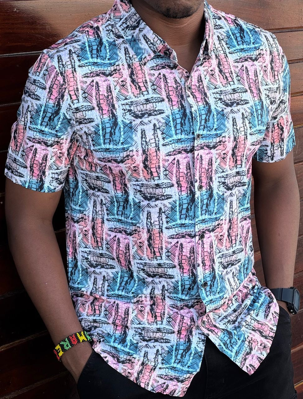 Pink Blue Box Pattern  Men's Shortsleeve Shirt