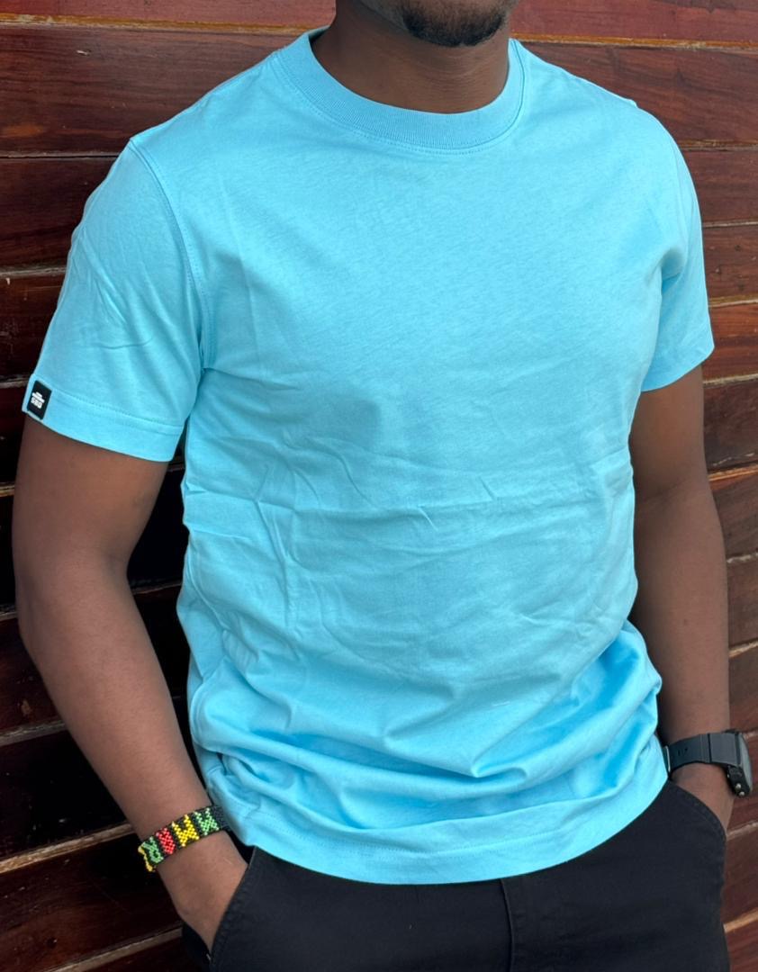 Light Blue Plain Heavy Fabric Men's Round Neck  Shortsleeve Tshirt