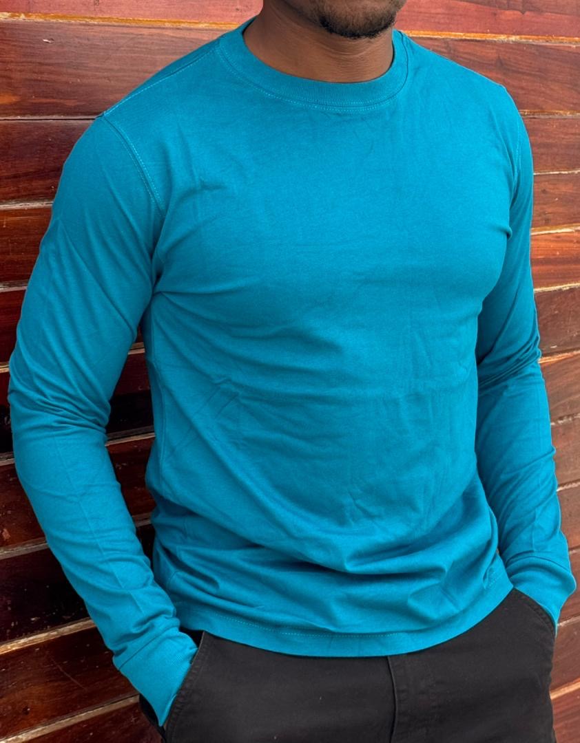 Blue Plain Heavy Fabric Men's Longsleeve Round Neck Tshirt