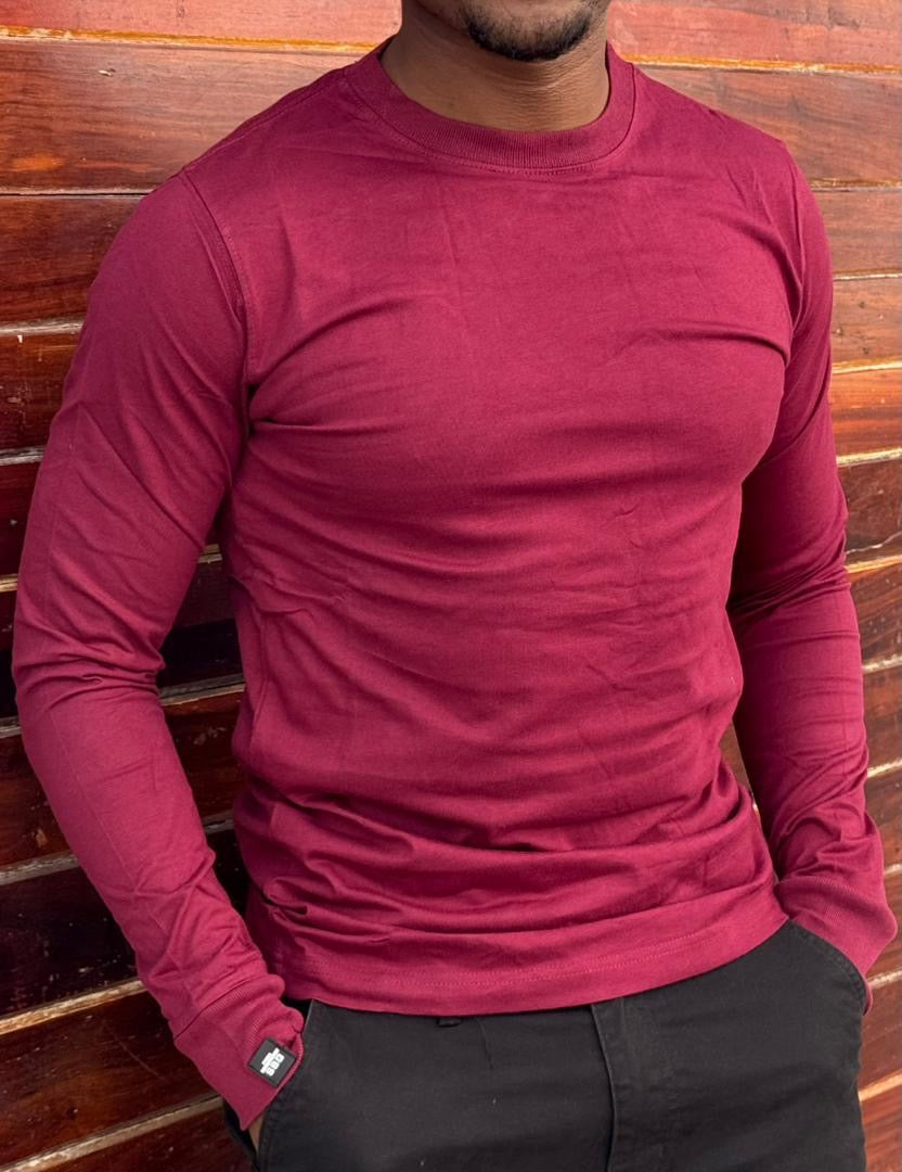 Maroon Plain Heavy Fabric Men's Longsleeve Round Neck Tshirt