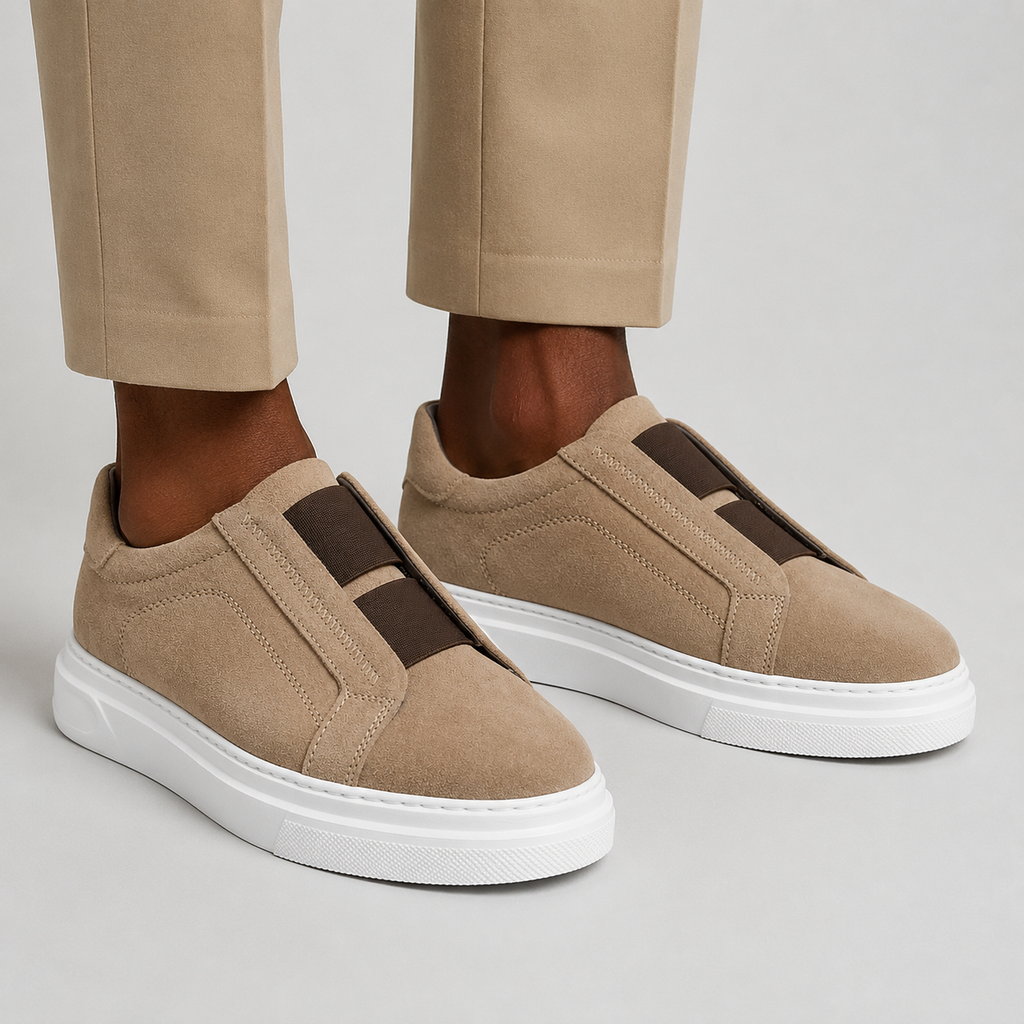 fireqasi men's beige suede slip-on leather sneakers with white rubber sole