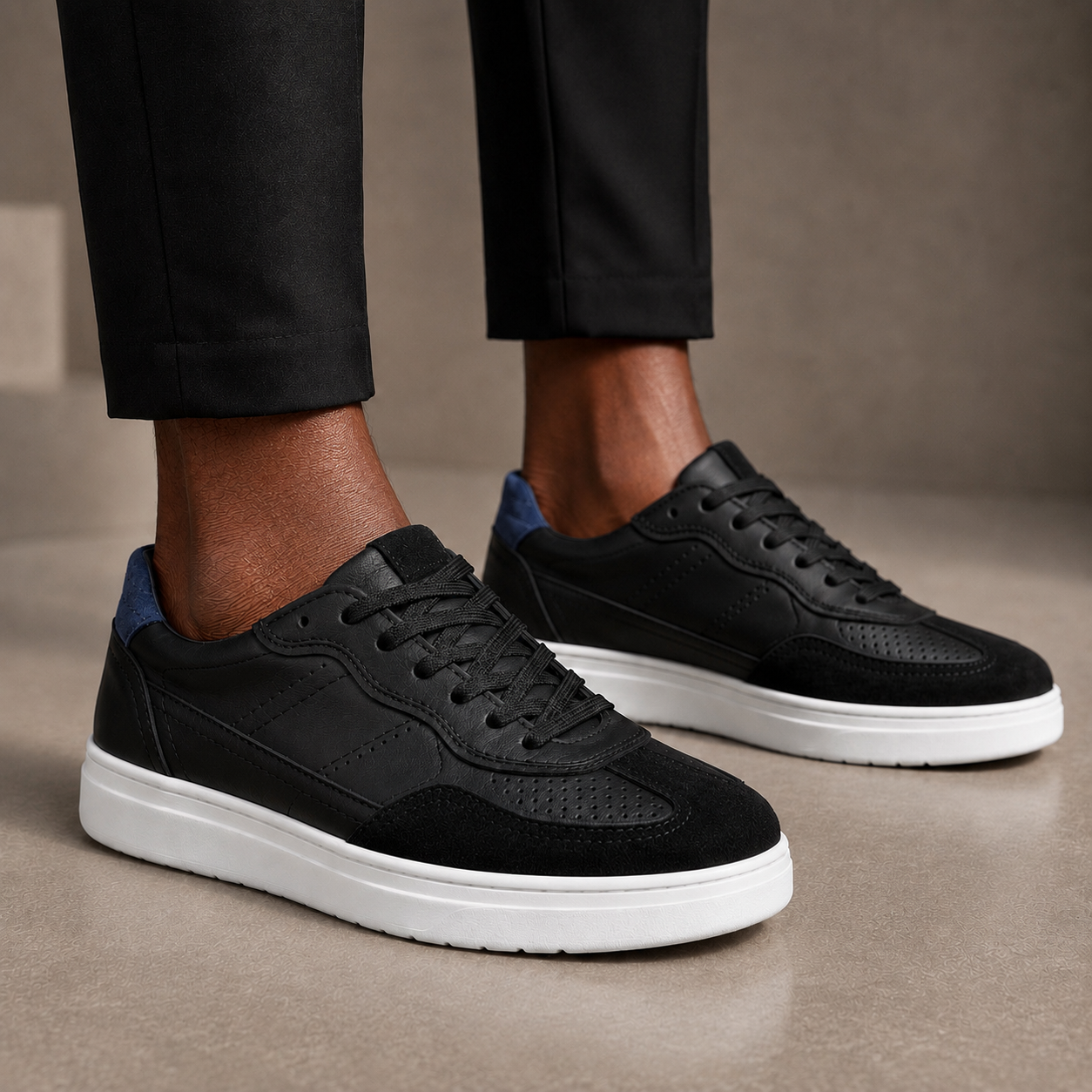 fireqasi men's black and blue leather sneakers with white rubber sole