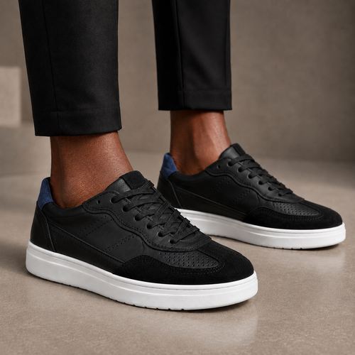 fireqasi men's black and blue leather sneakers with white rubber sole