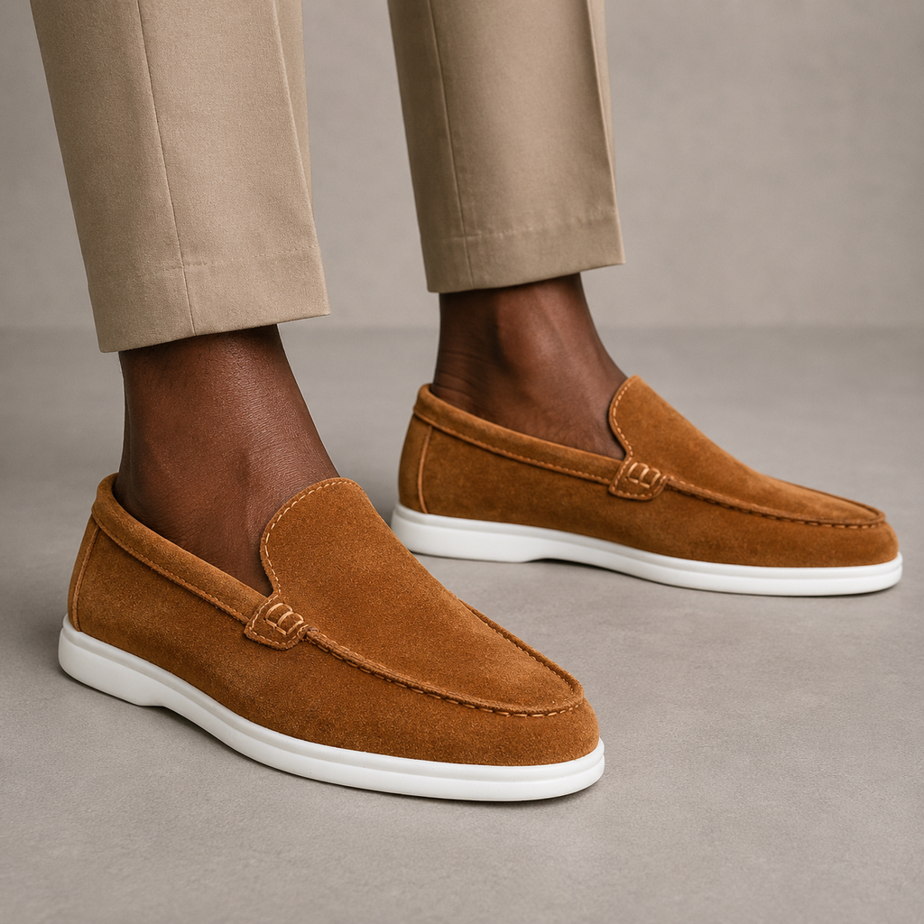 fireqasi men’s burnt orange brown slip on suede loafers with white sole loro piana style