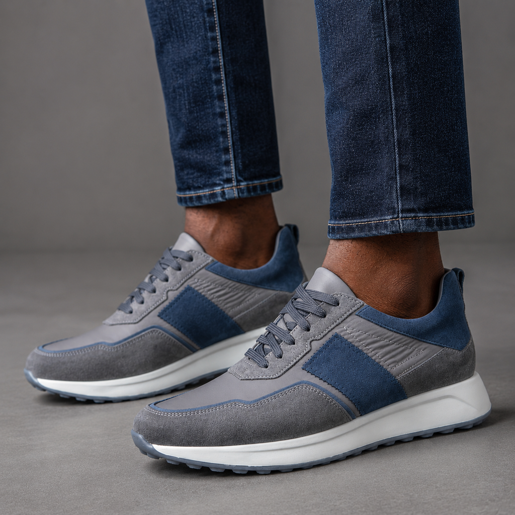 fireqasi men's grey and blue suede leather sneakers with white sole