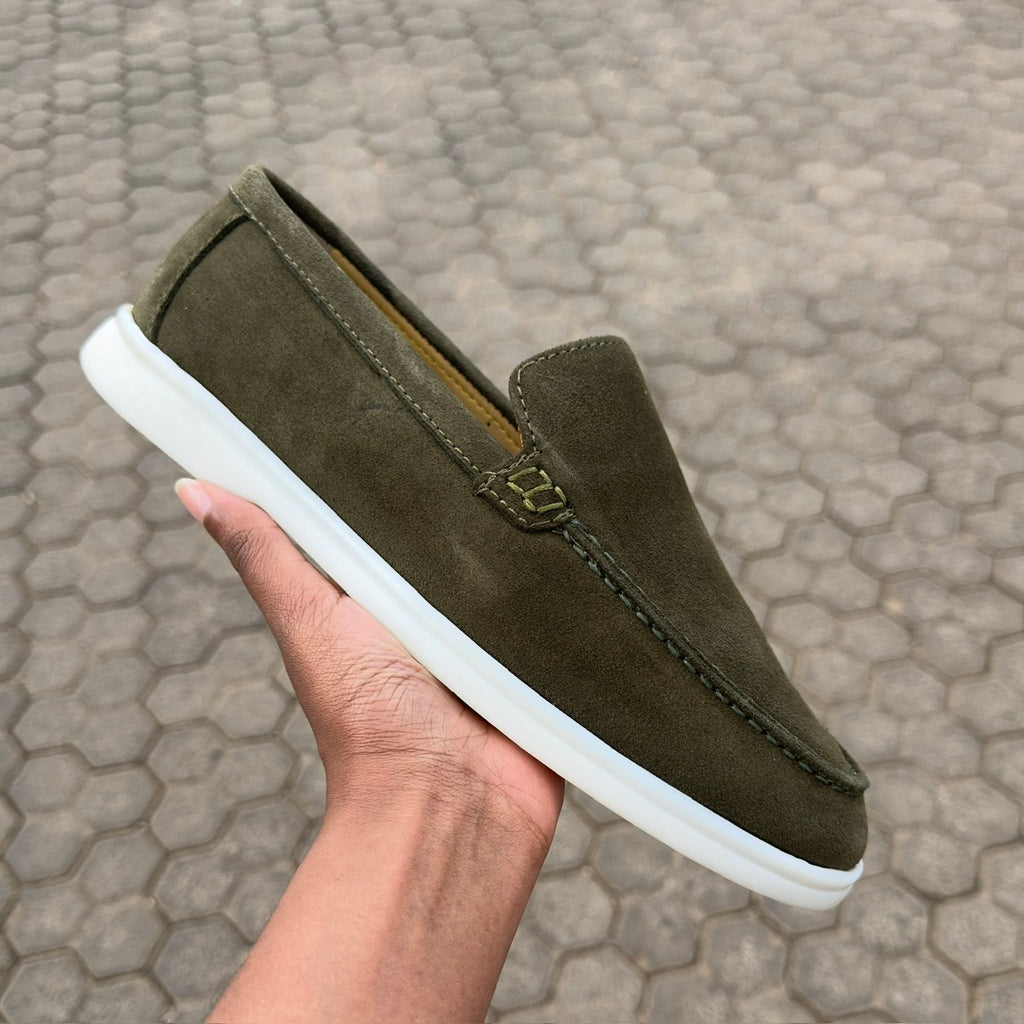 fireqasi men’s jungle green suede slip on loafers with white sole loro piana style
