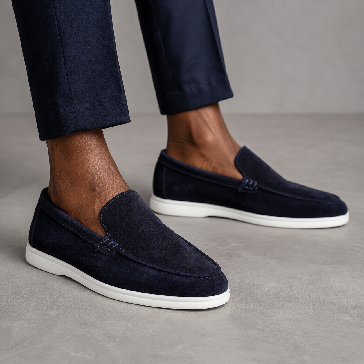 fireqasi men’s navy blue suede slip on loafers with white sole loro piana style