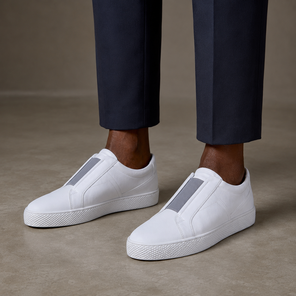 fireqasi men's white slip-on leather sneakers with rubber sole