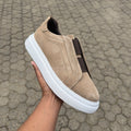 fireqasi men's beige suede slip-on leather sneakers with white rubber sole