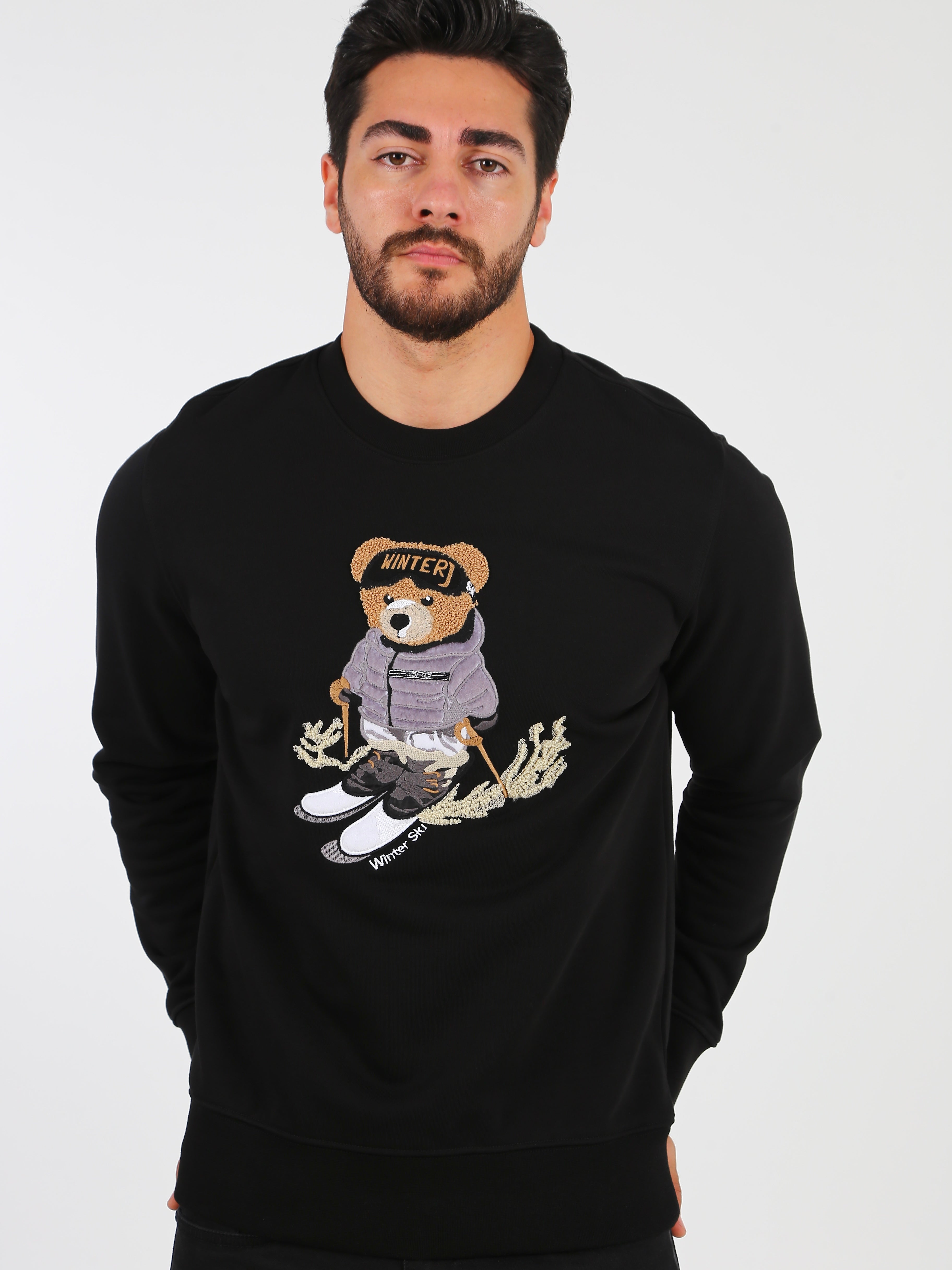 fireqasi mens black sweatshirt with a bear graphic 