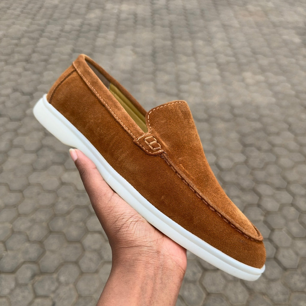 fireqasi men’s burnt orange brown slip on suede loafers with white sole loro piana style
