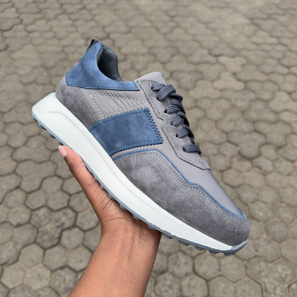 fireqasi men's grey and blue suede leather sneakers with white sole