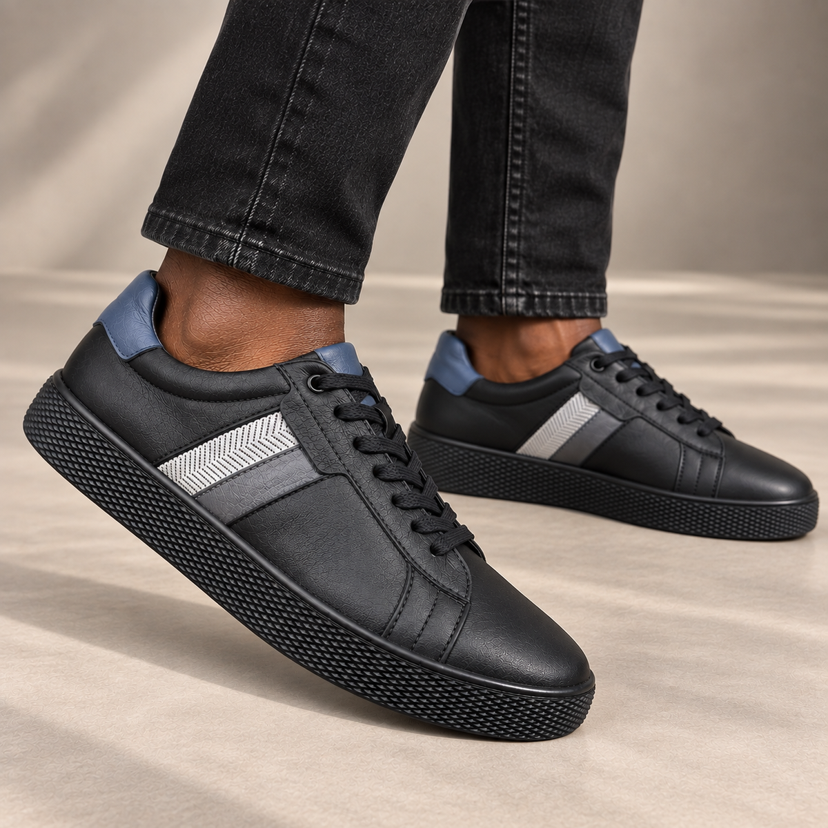 men's black and blue detailed leather sneakers with black rubber sole  won with black faded jeans fireqasi     