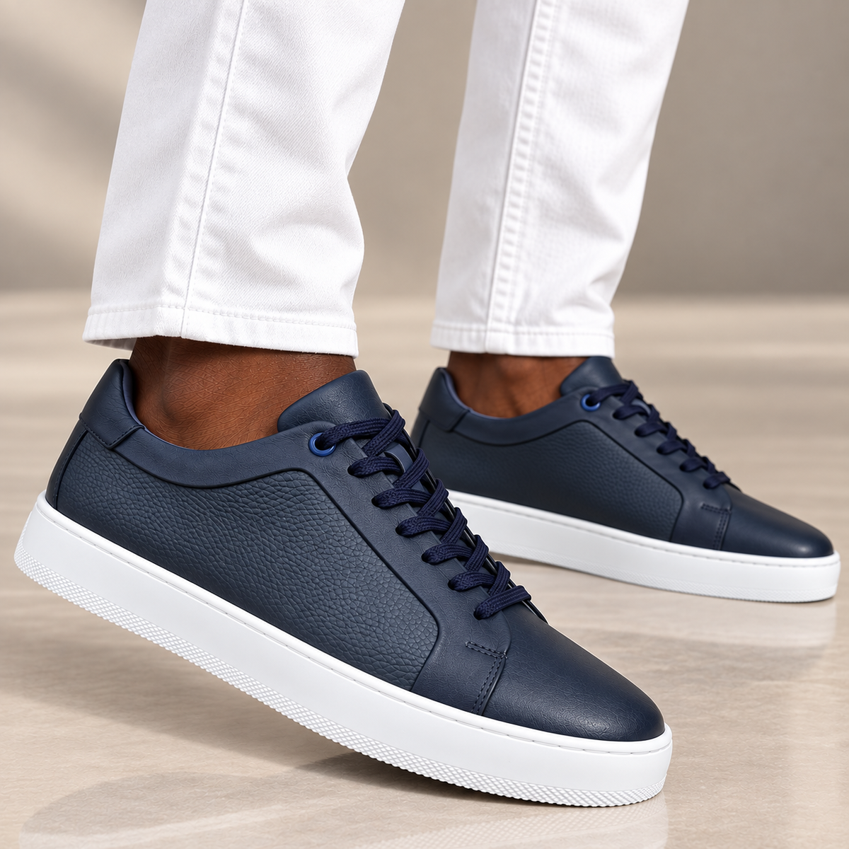 men's blue leather low top sneakers with white rubber sole  won with white jeans fireqasi 
