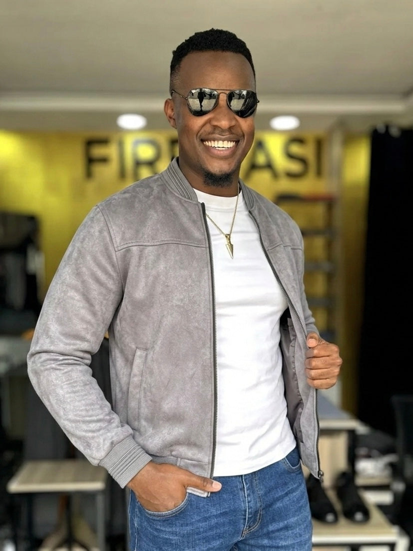 men's grey suede bomber jacket with ribbed collar from fireqasi