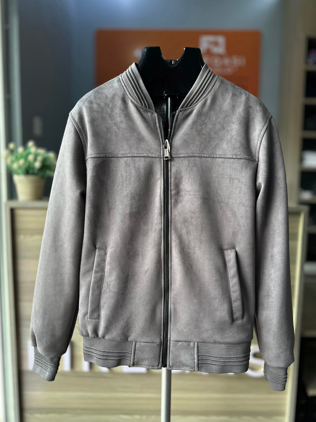 men's grey suede bomber jacket with ribbed collar from fireqasi hanged