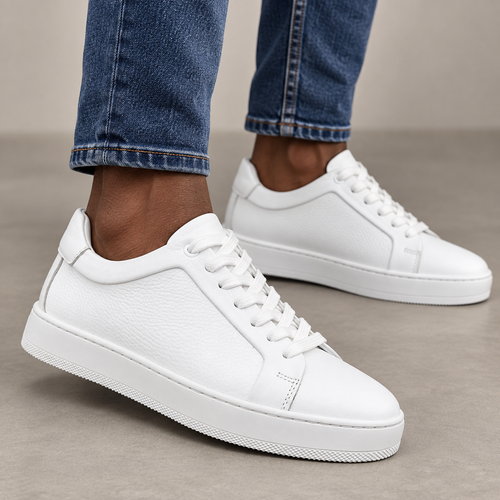 men's white leather low top sneakers with white rubber sole  won with blue jeans fireqasi 