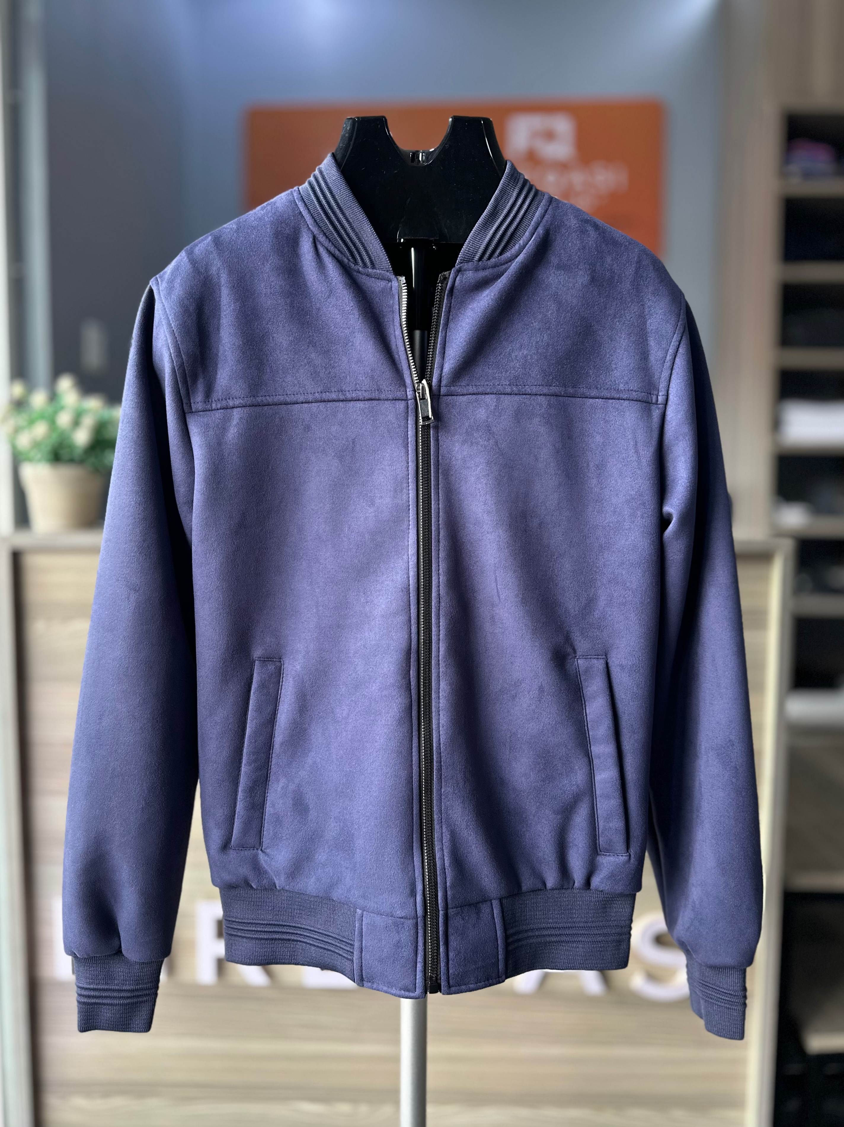 Navy Blue Suede/ Velvet Ribbed Bands Bomber Men's Jacket