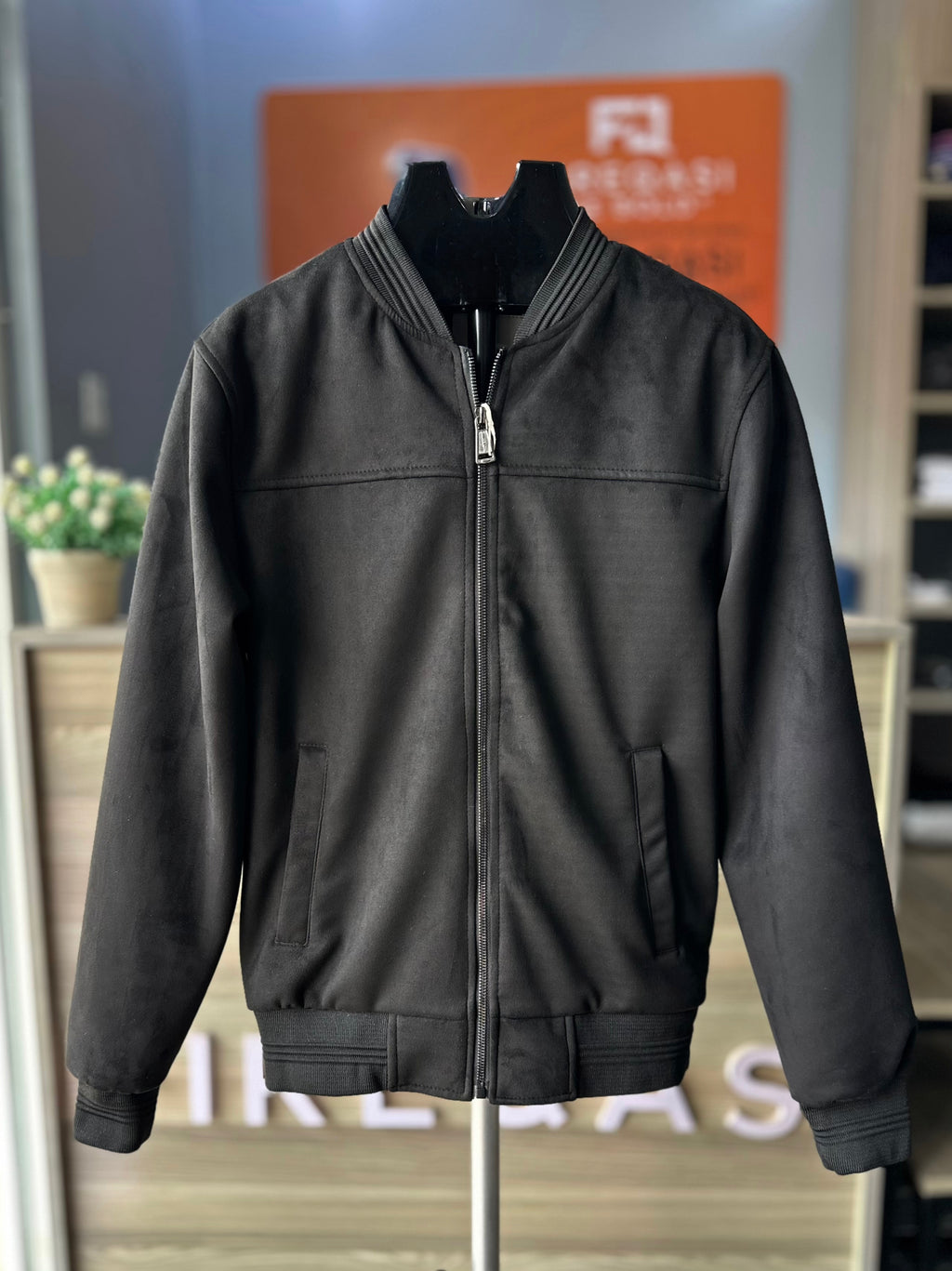 Black Suede/ Velvet Ribbed Bands Bomber Men's Jacket
