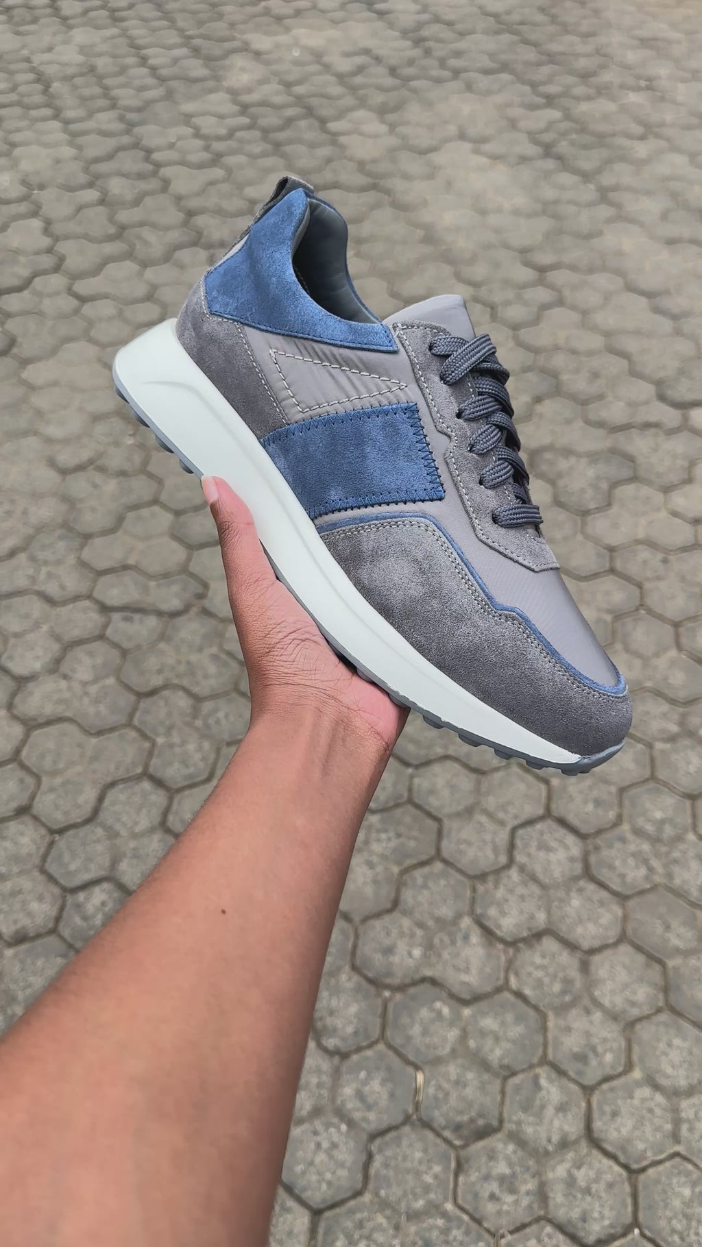 fireqasi men's grey and blue suede leather sneakers with white sole video