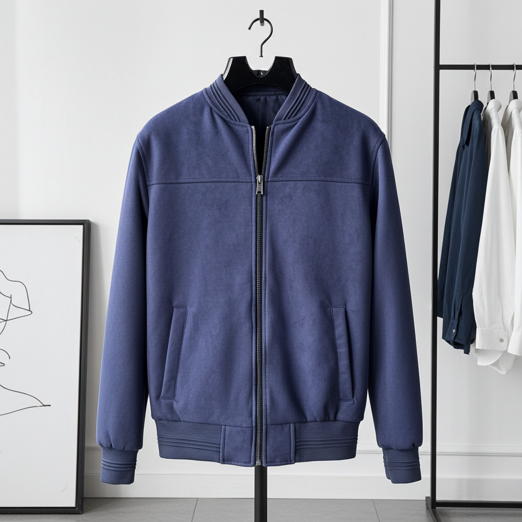 Navy Blue Suede/ Velvet Ribbed Bands Bomber Men's Jacket
